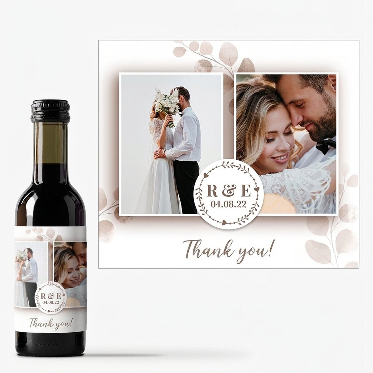 Mini wine bottle personalised with 2 photos and text - Wedding favours
