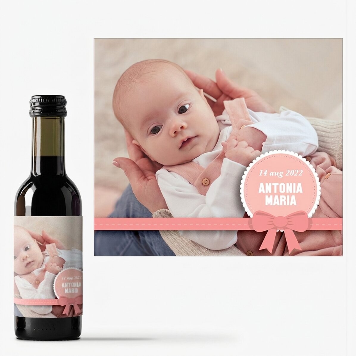 Mini wine bottle personalised with a photo and text - Christening gift for a baby girl
