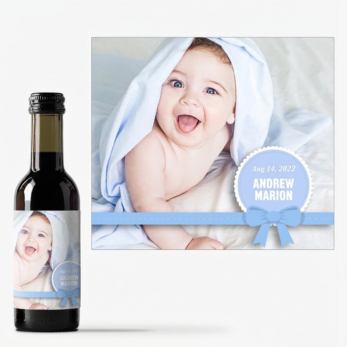 Mini wine bottle personalised with a photo and text - Christening gift for a baby boy