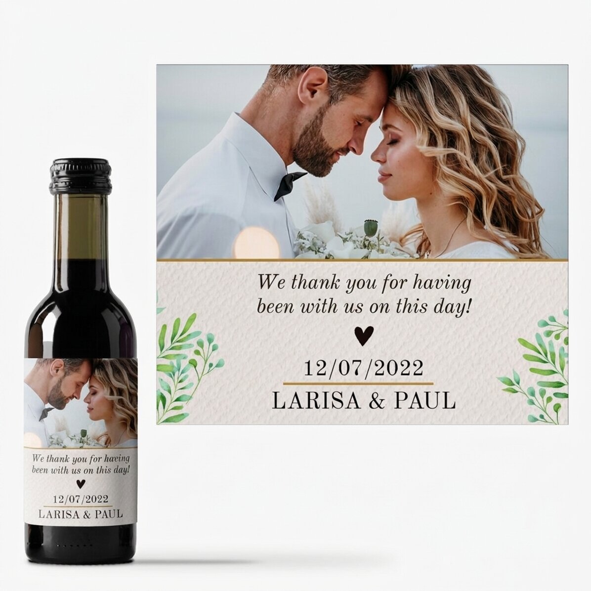 Mini bottle of wine personalised with a photo and text - Thank you!