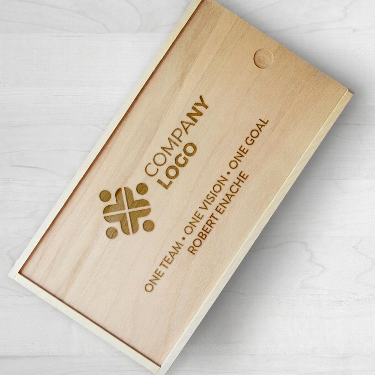Personalised wooden gift box with logo and text