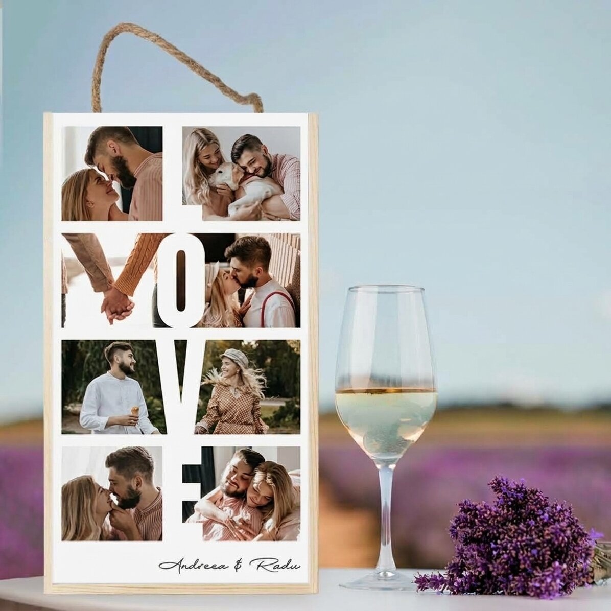 Wine box for 2 bottles personalised with 8 photos and a message - LOVE