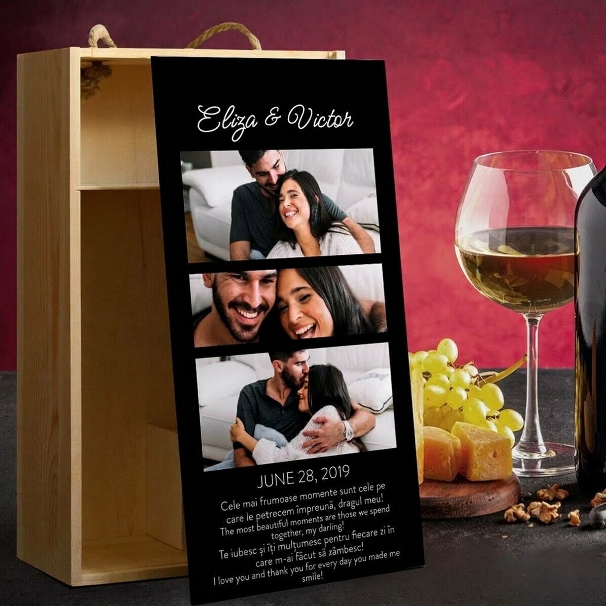 Wine box for 2 bottles, personalised with 3 photos and a message for your loved ones