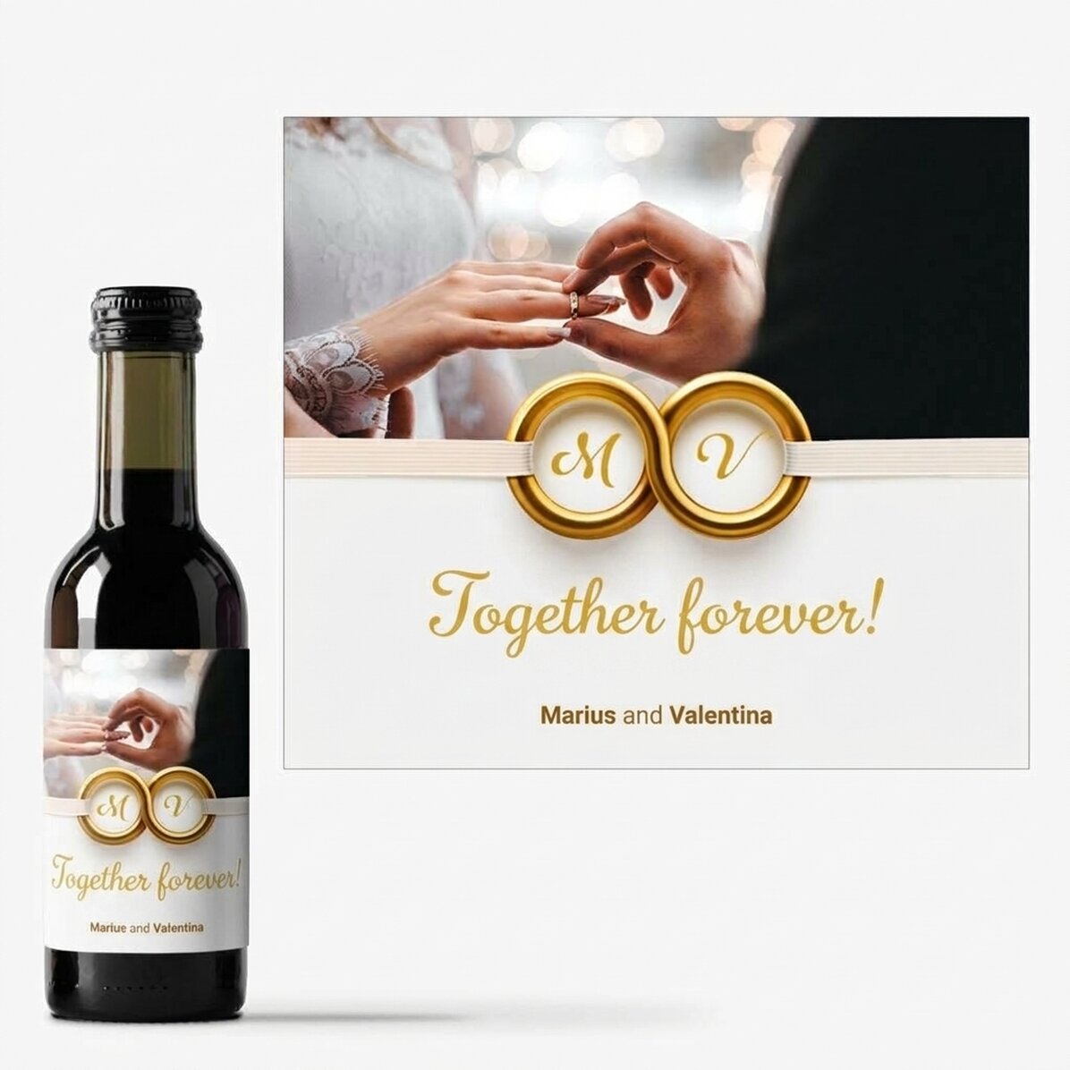 Mini wine bottle personalised with a photo and text - Together forever