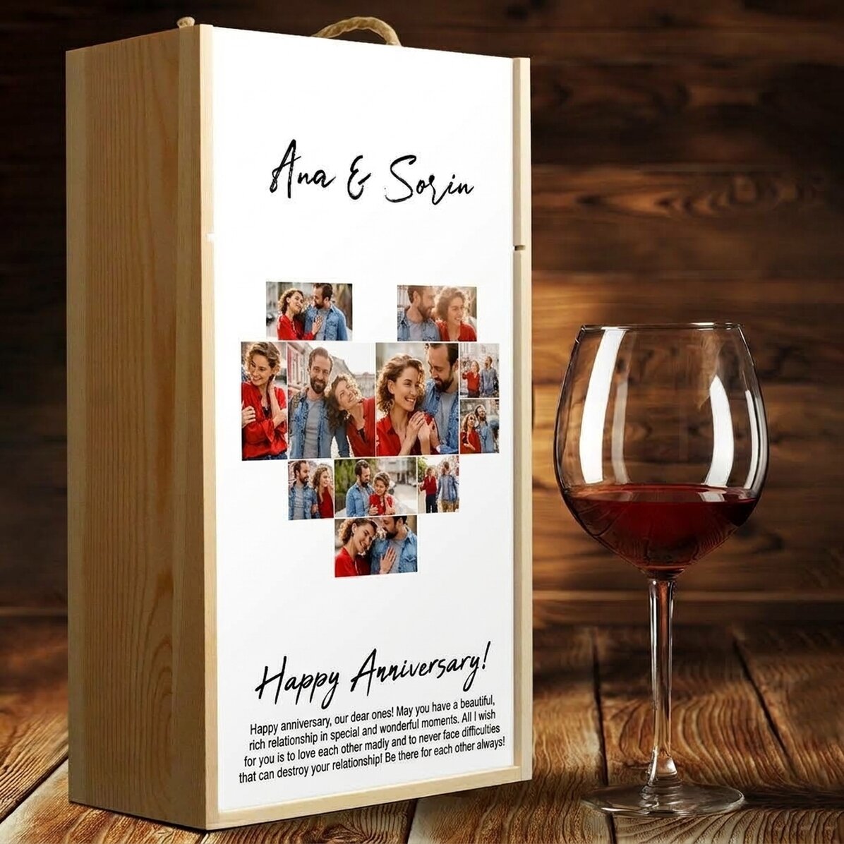 Wine box for 2 bottles personalised with 11 photos and a message - Heart