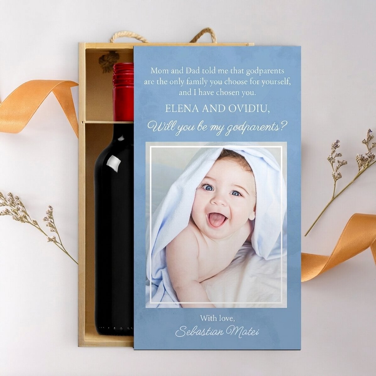 Wine box for 2 bottles personalised with a photo and message - With love