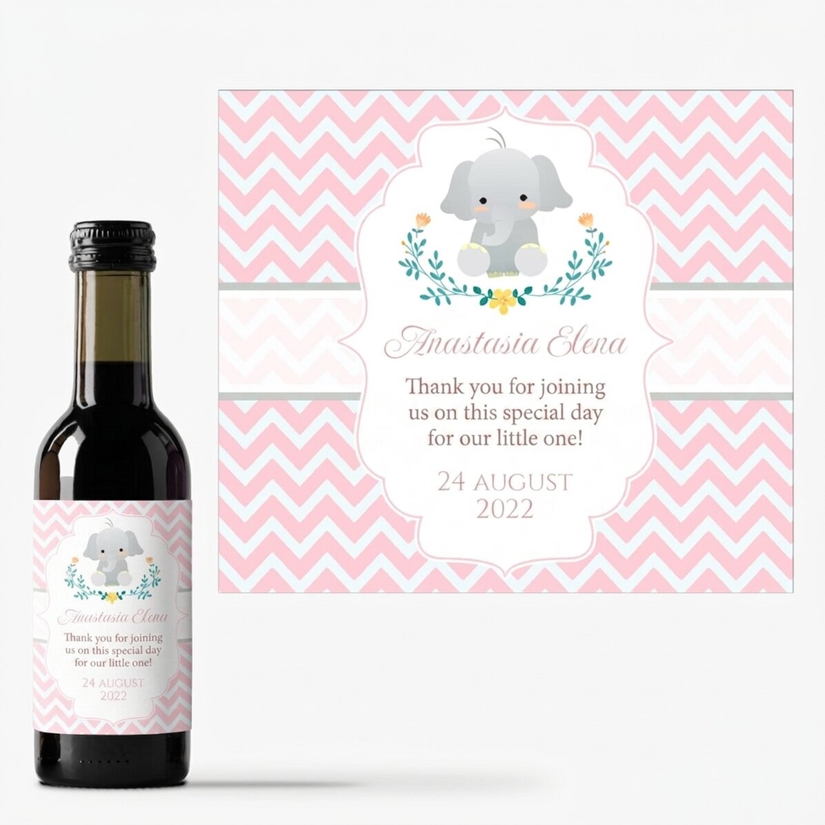 Mini bottle of wine for christening, personalised with text - Elephant