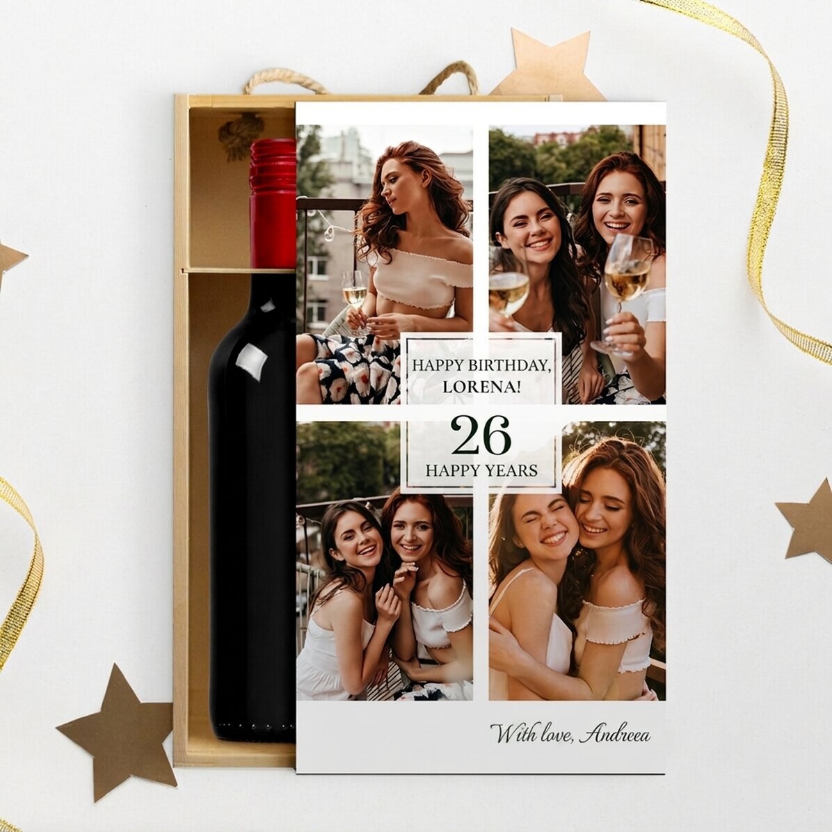 Wine box for 2 bottles personalised with 4 photos and text - Happy Birthday