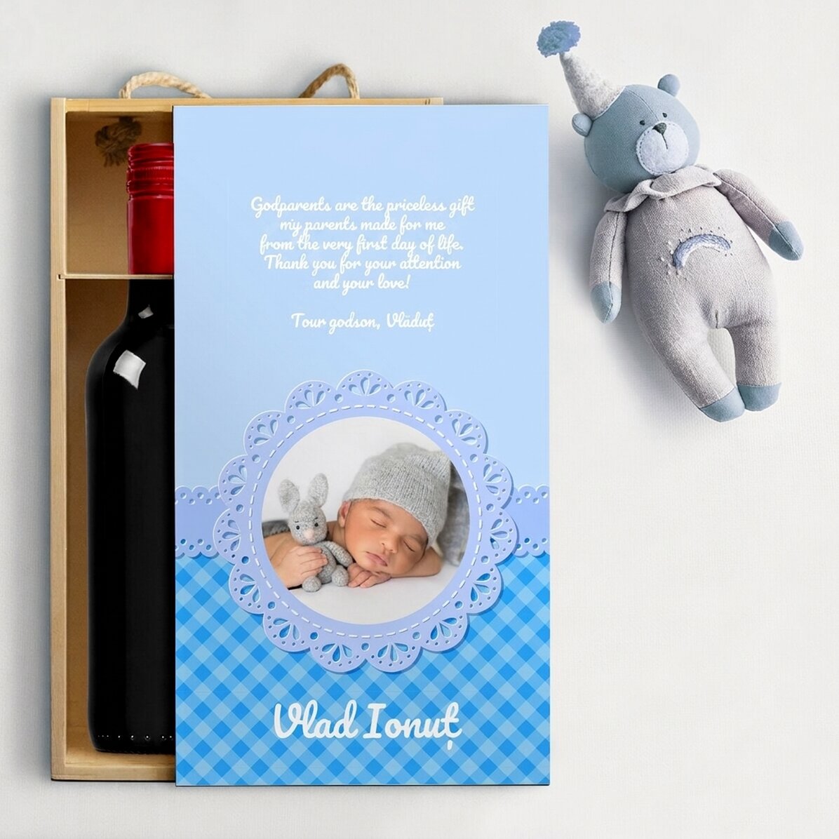 Wine box for 2 bottles, personalised with text for godparents - Boy