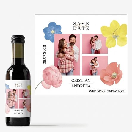 Mini wine bottle personalised with 3 photos and text - Save the date