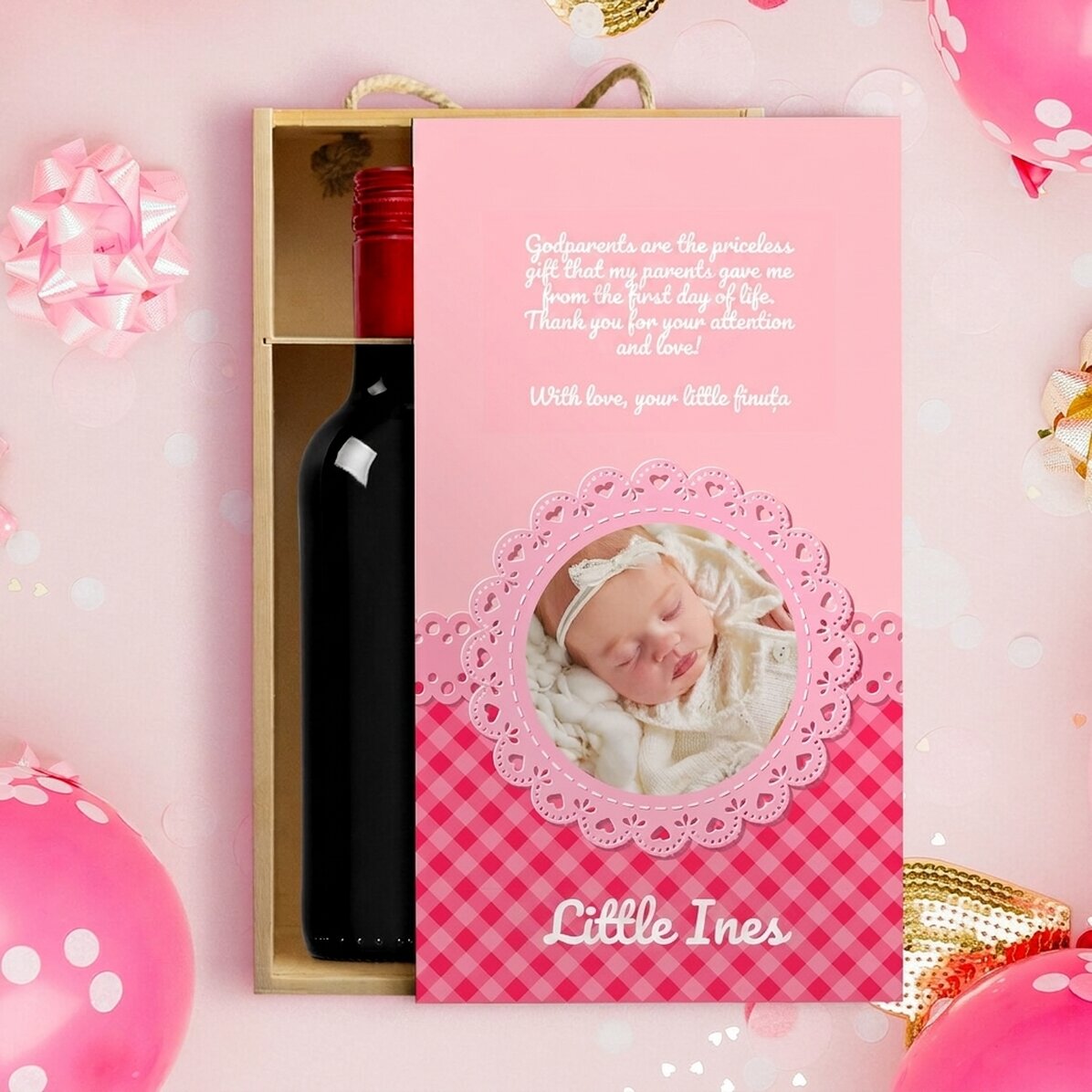 Wine box for 2 bottles, personalised with text for godparents - Girl