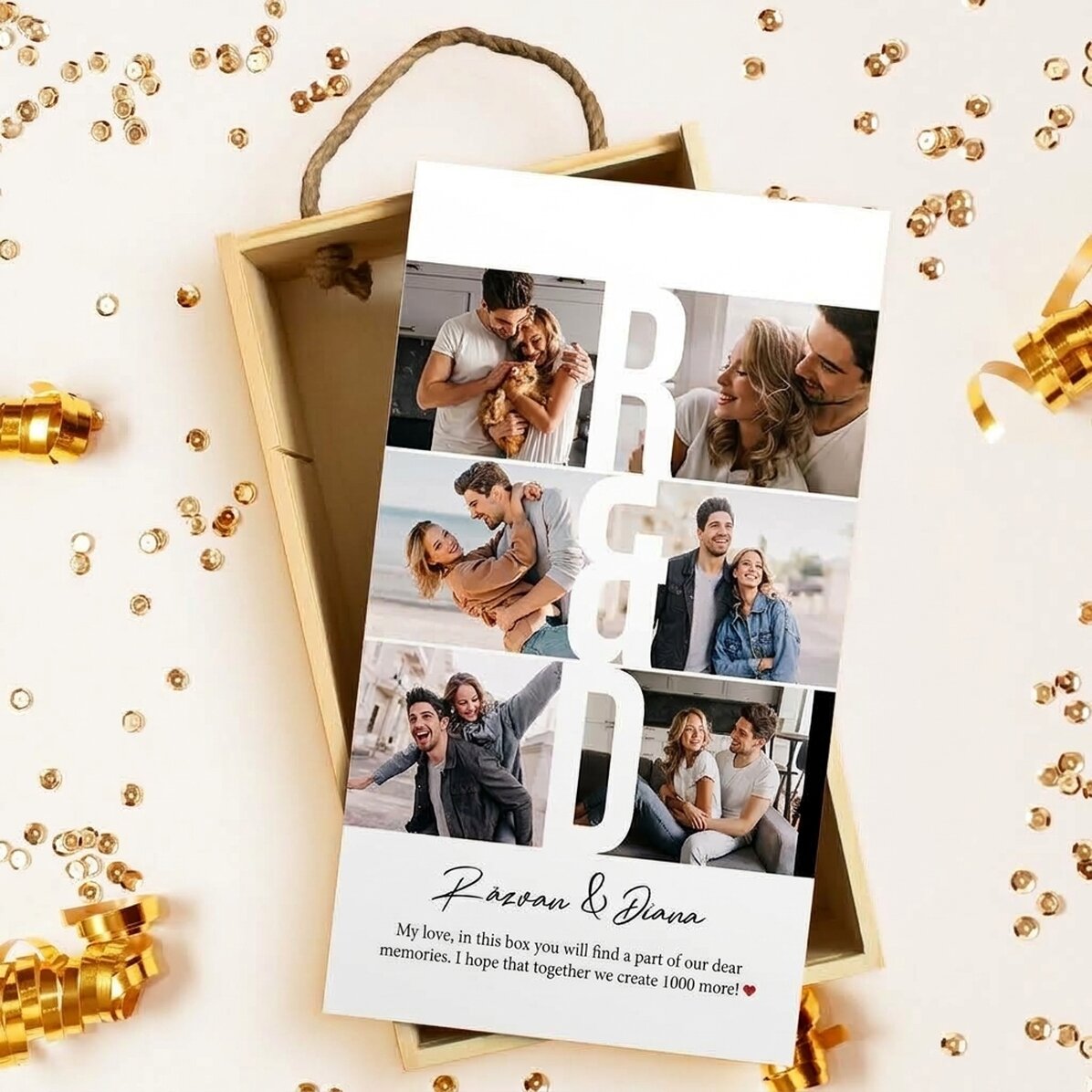 Personalised wooden gift box with 6 photos and message - Cherished memories