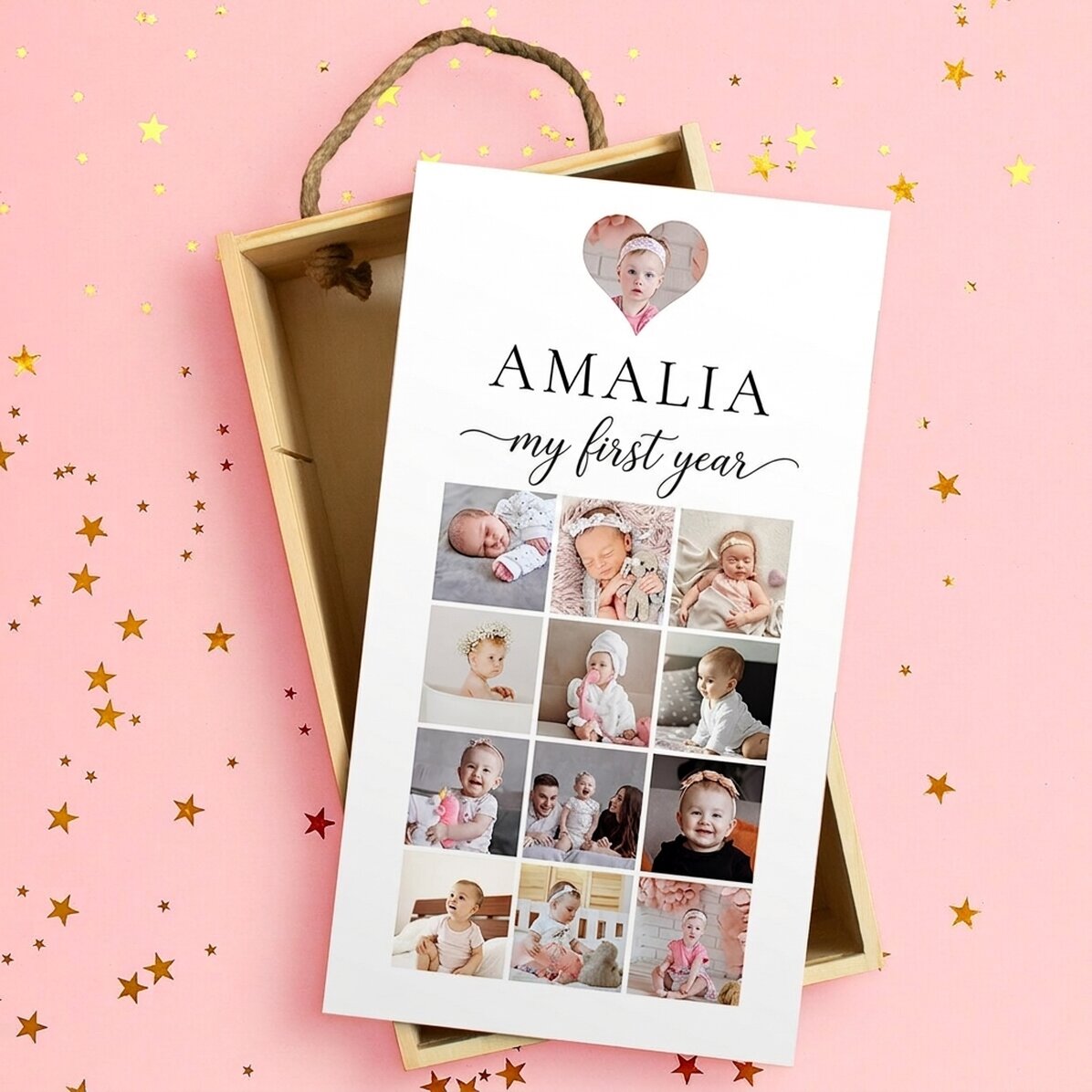 Personalised wooden gift box with 13 photos and text - My first year