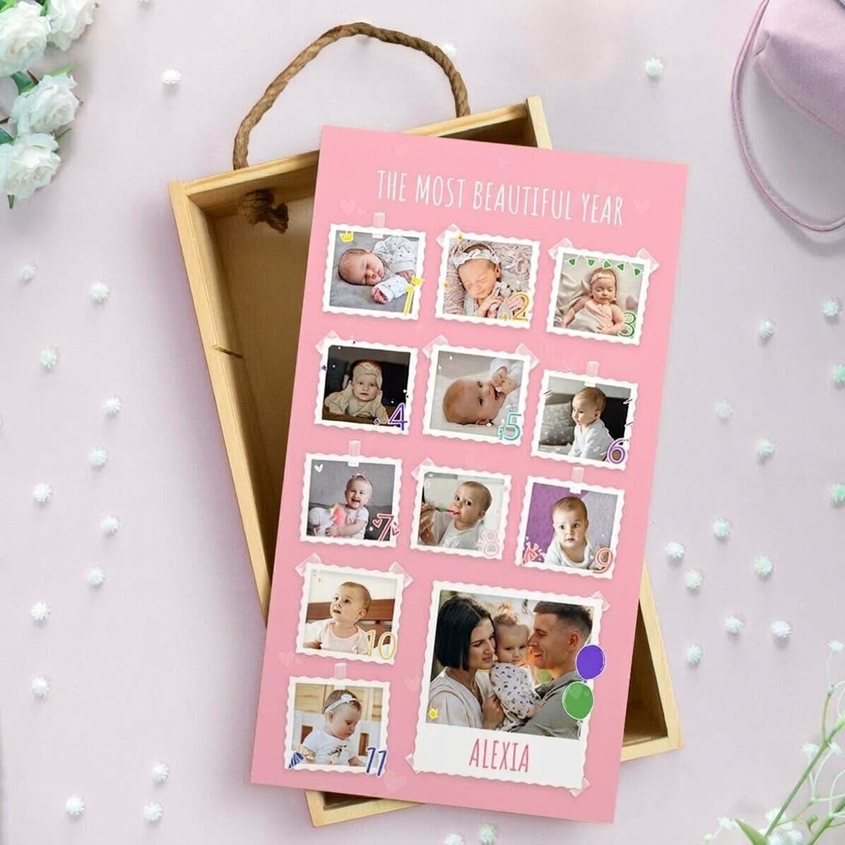 Personalised wooden gift box with 13 photos and text - First birthday