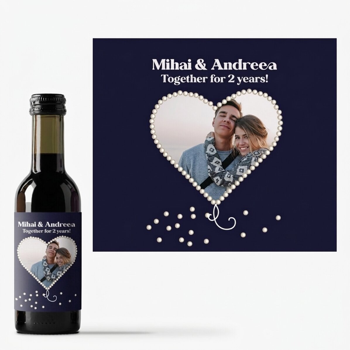 Mini wine bottle personalised with a heart-shaped pearl photo