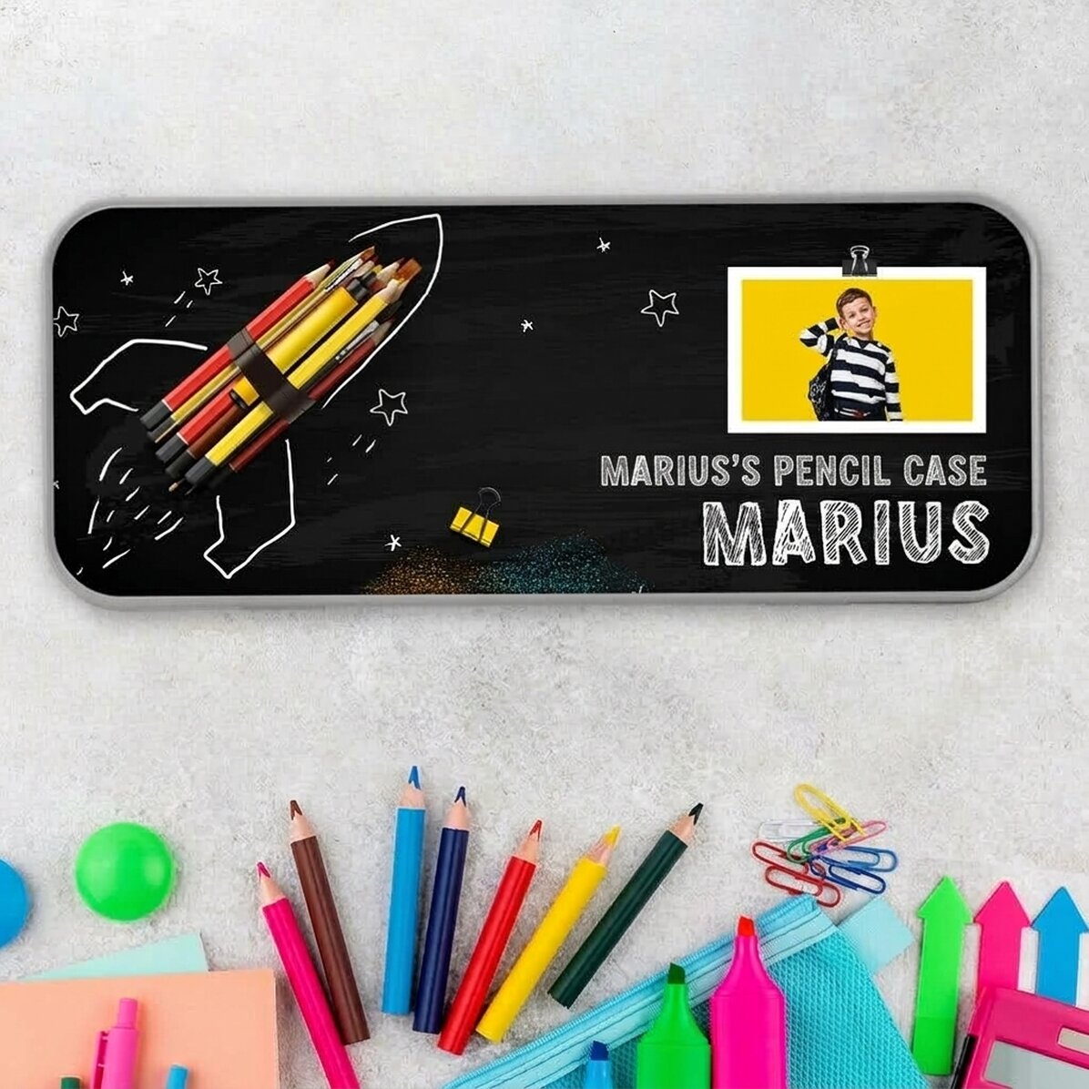 Personalised pencil case with a photo and text - Racheta