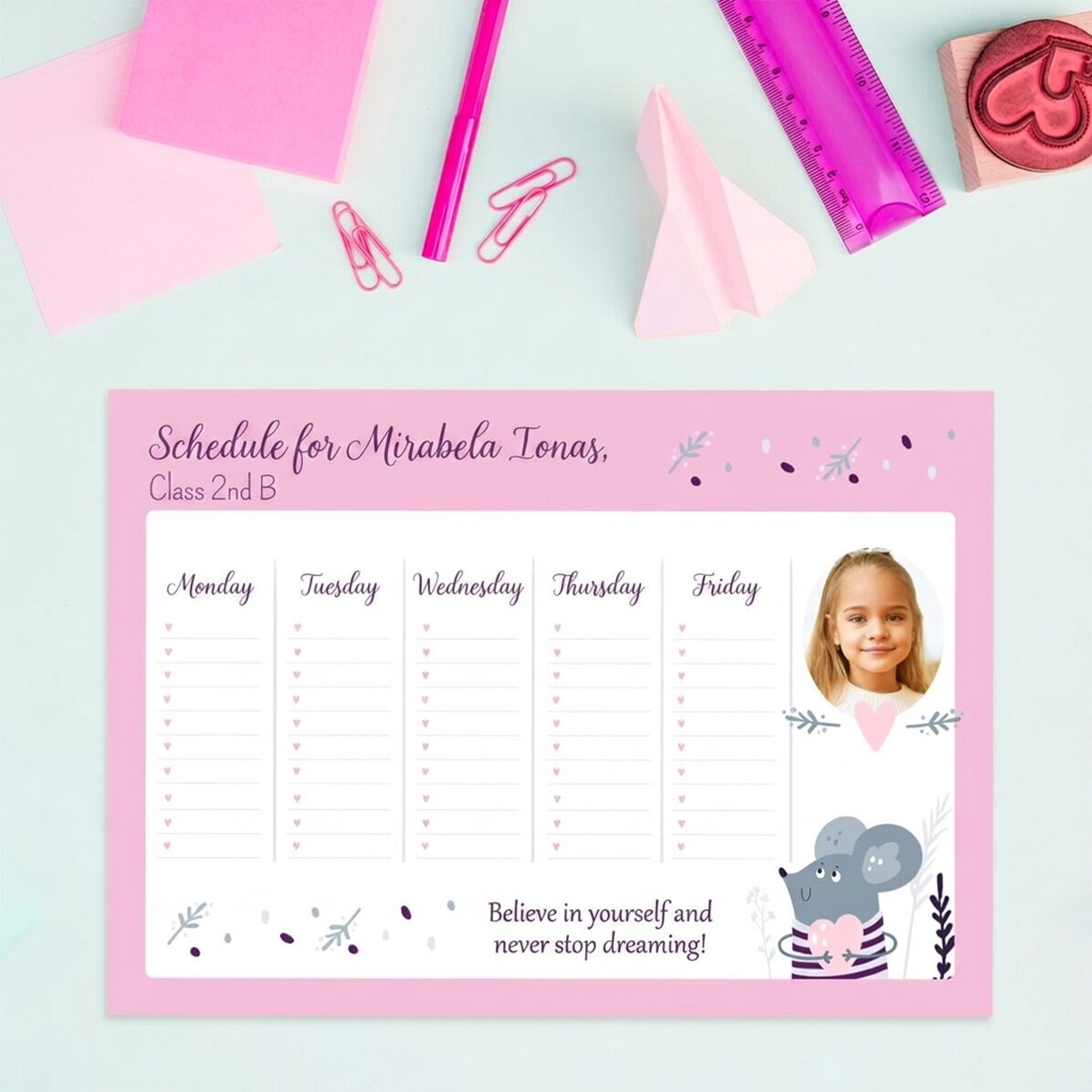 Personalised timetable with a photo and text - Hearts