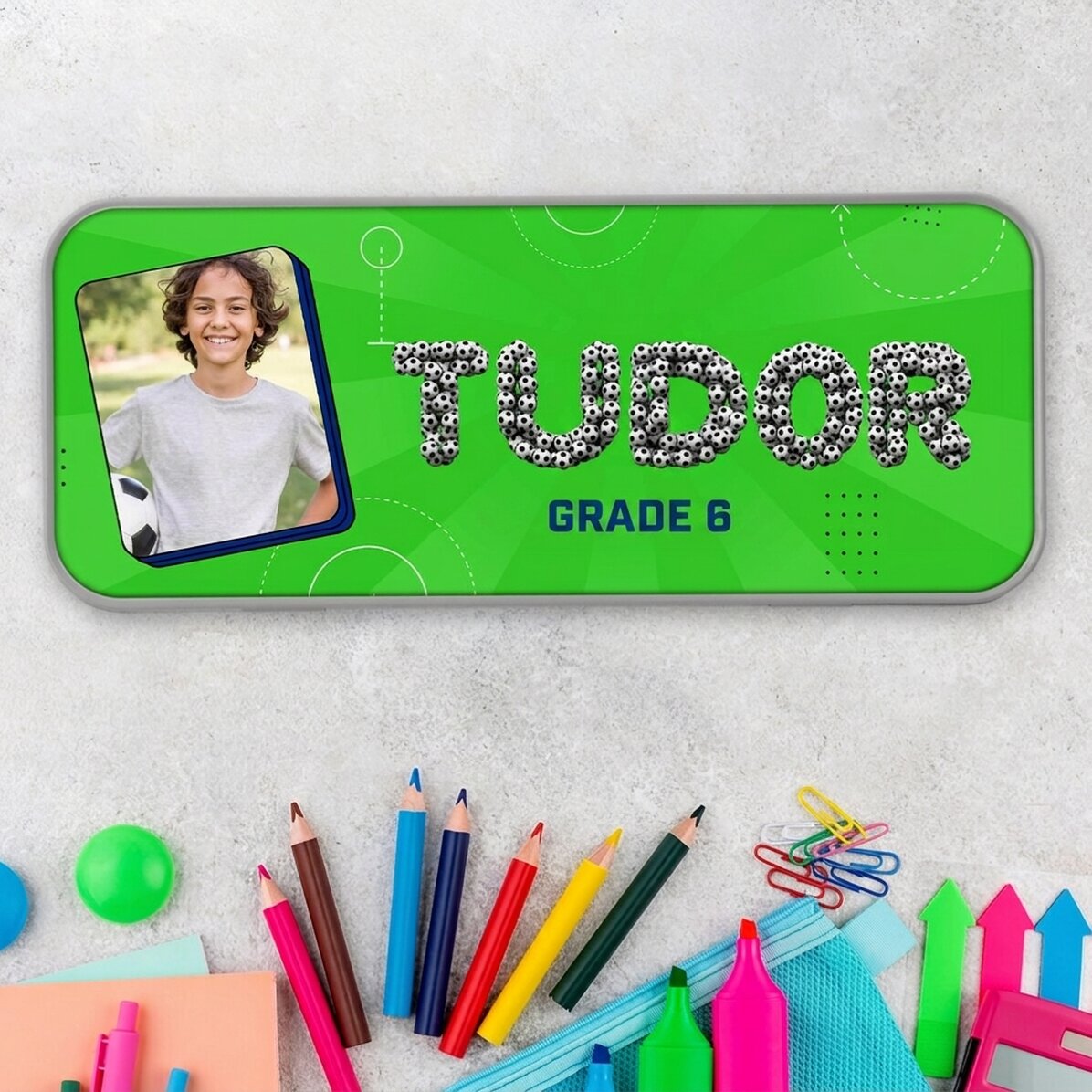 Personalised pencil case with a photo and text - Football