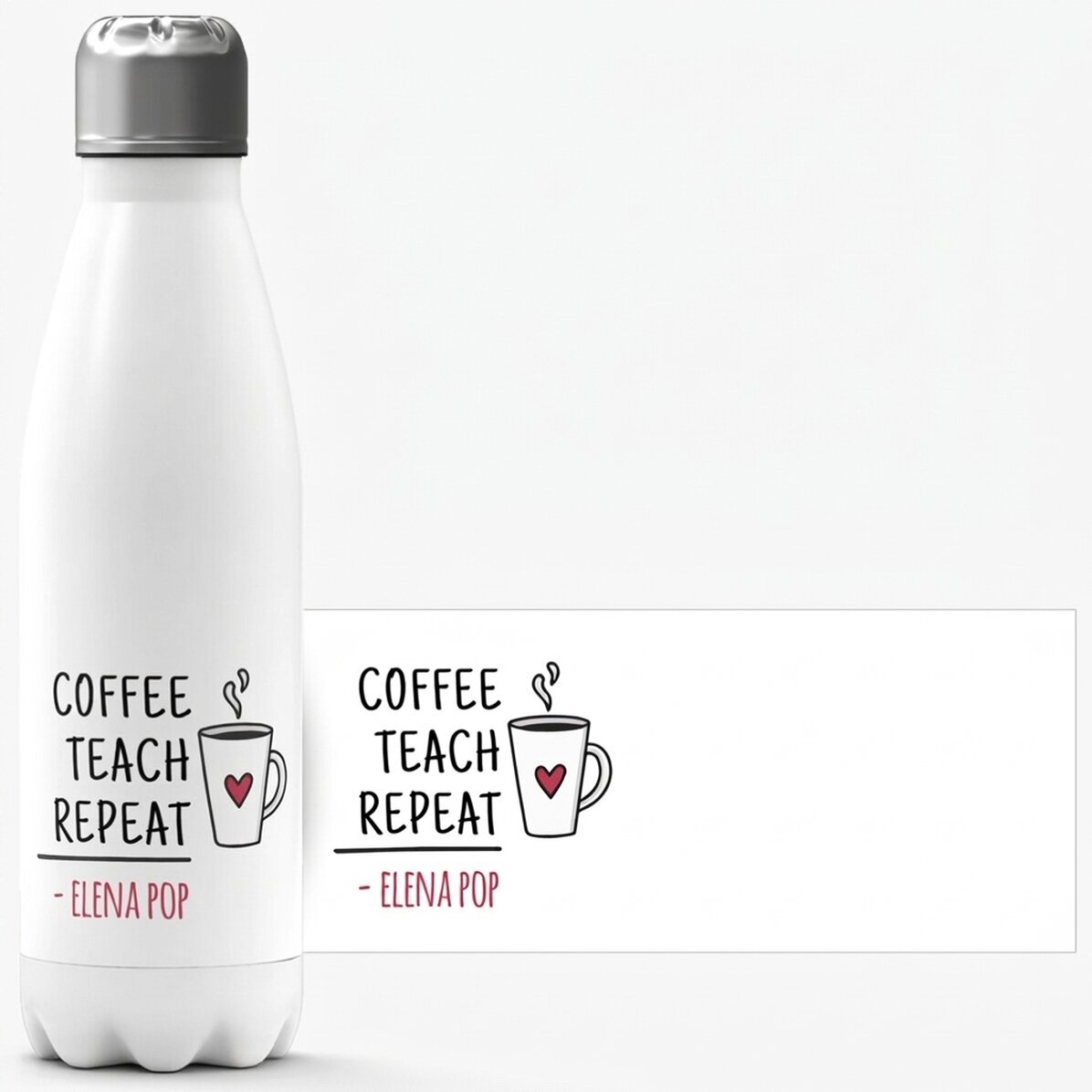 Thermos flask with white base, personalised with name for teachers