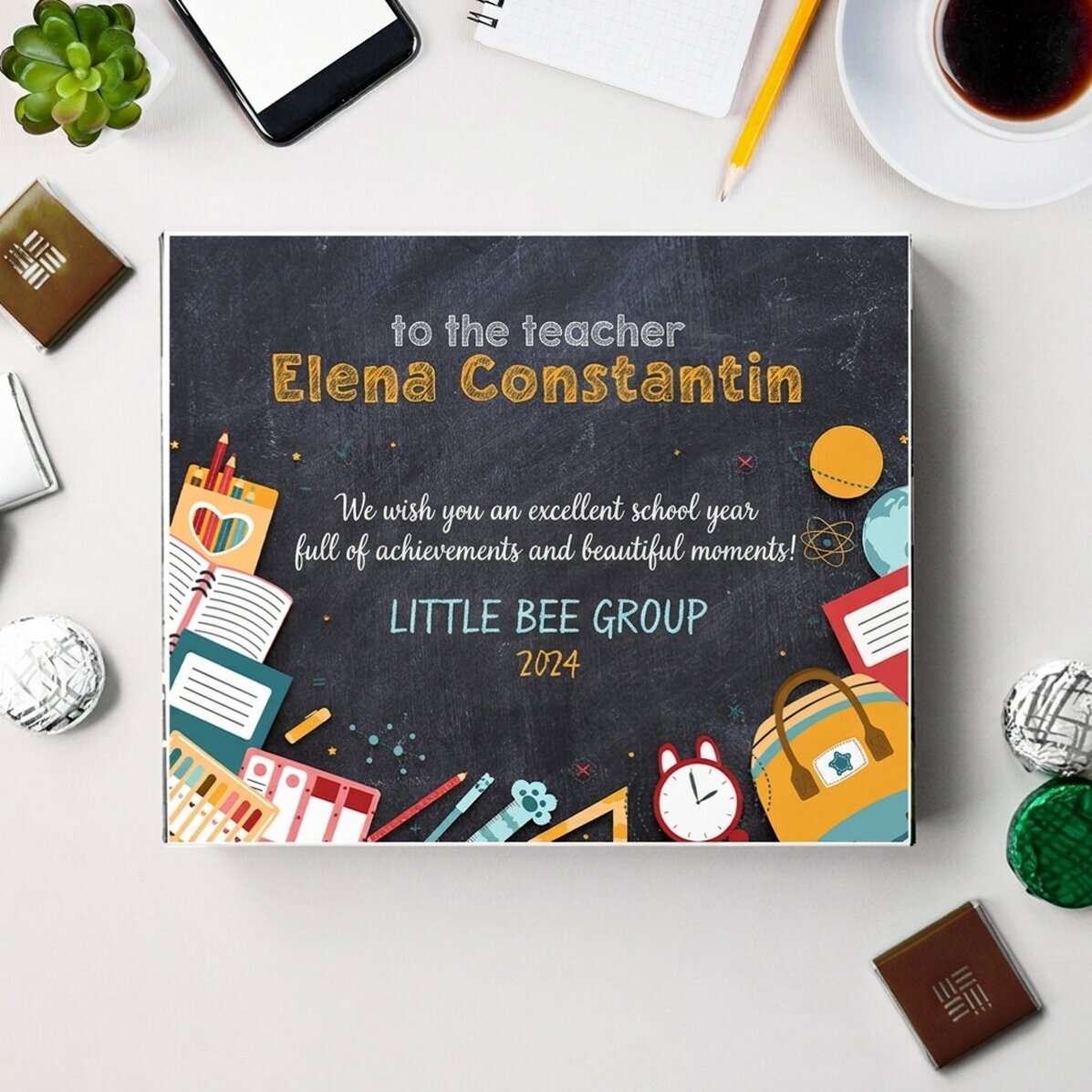 Personalised box of sweets with a message for the start of the year for teachers