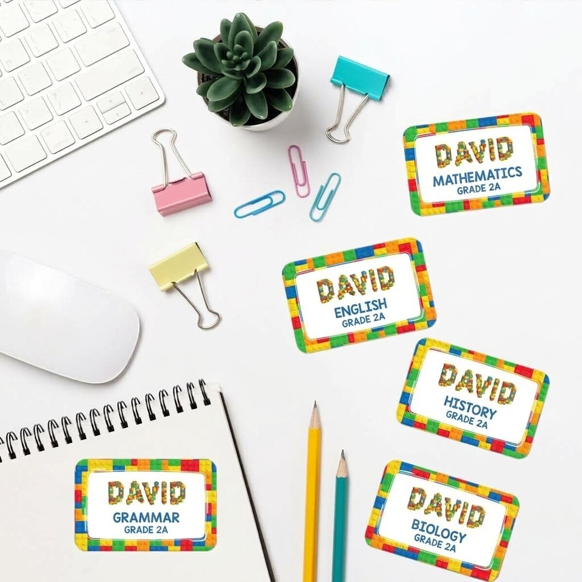 Set of 8 customised stickers (self-adhesive labels) for school with text - Lego