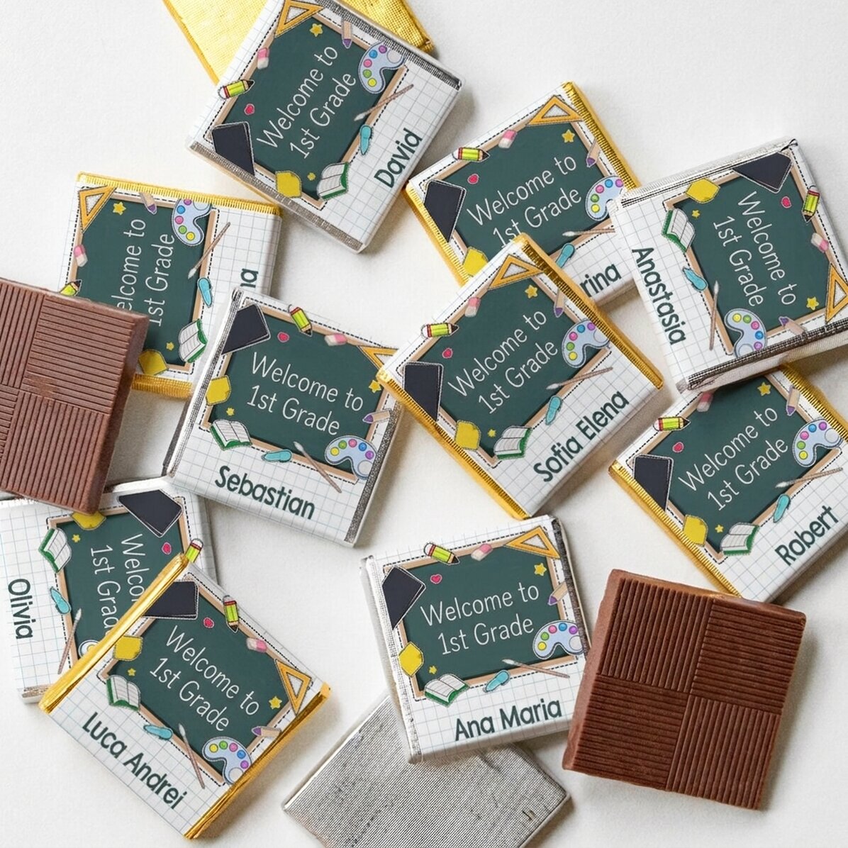 Set of 10 mini chocolates personalised with text for the start of the school year