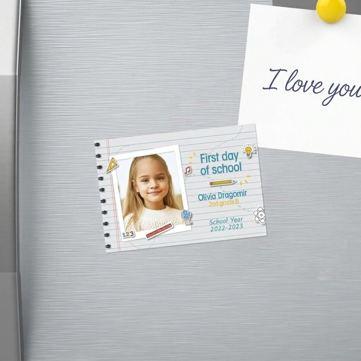 10x7 cm magnet personalised with a photo and text - First day of school
