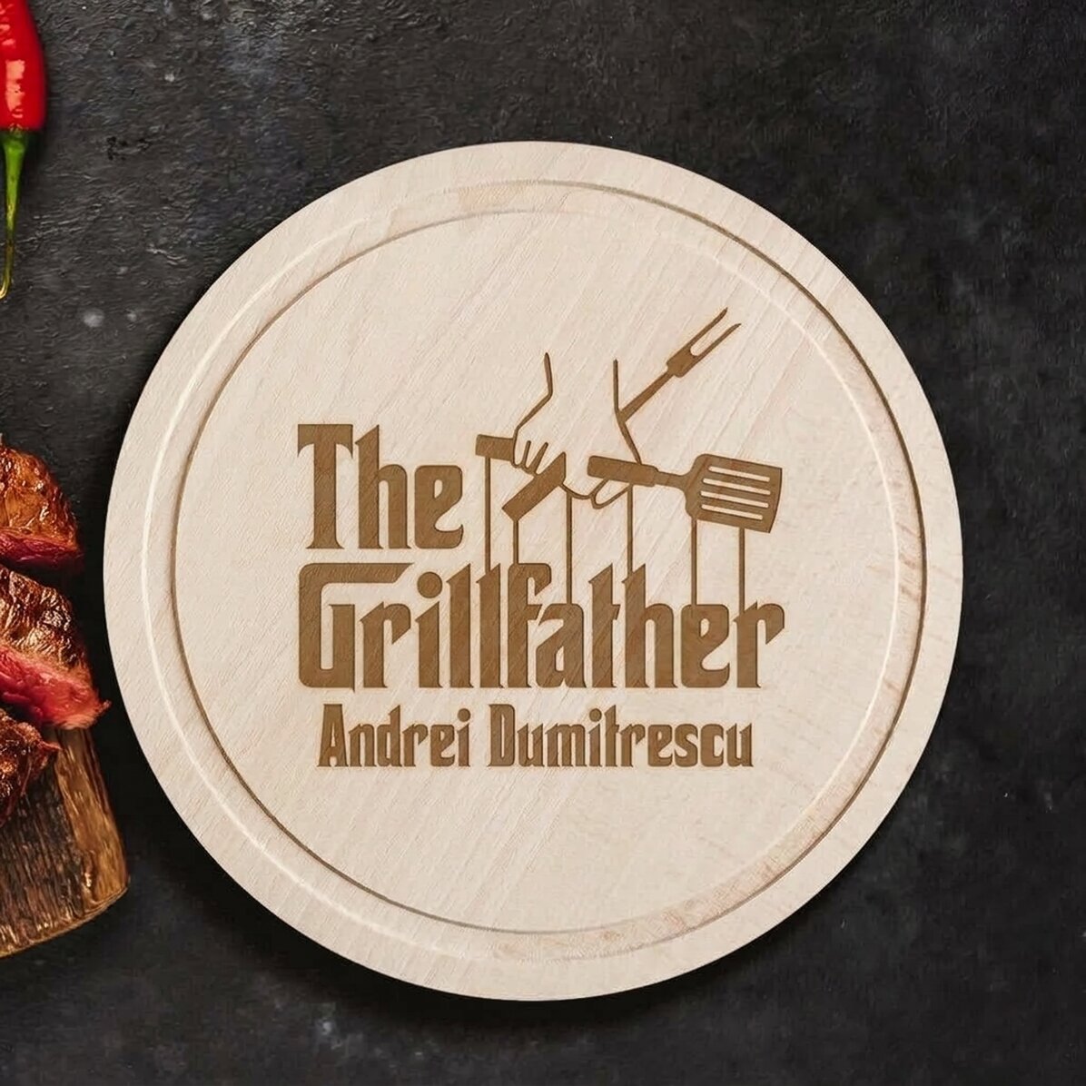 Personalised round chopper with text - The Grillfather