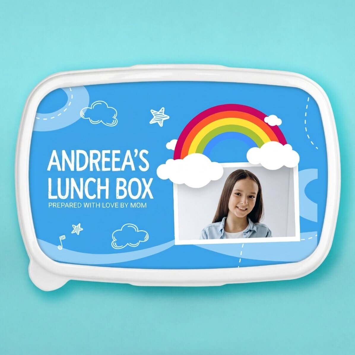 Lunch box, personalised with a photo and name - Rainbow model