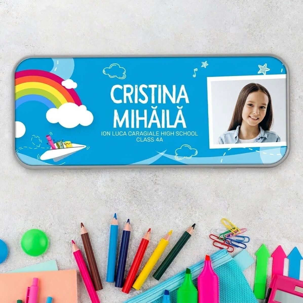 Personalised pencil case with a photo and text - Rainbow model