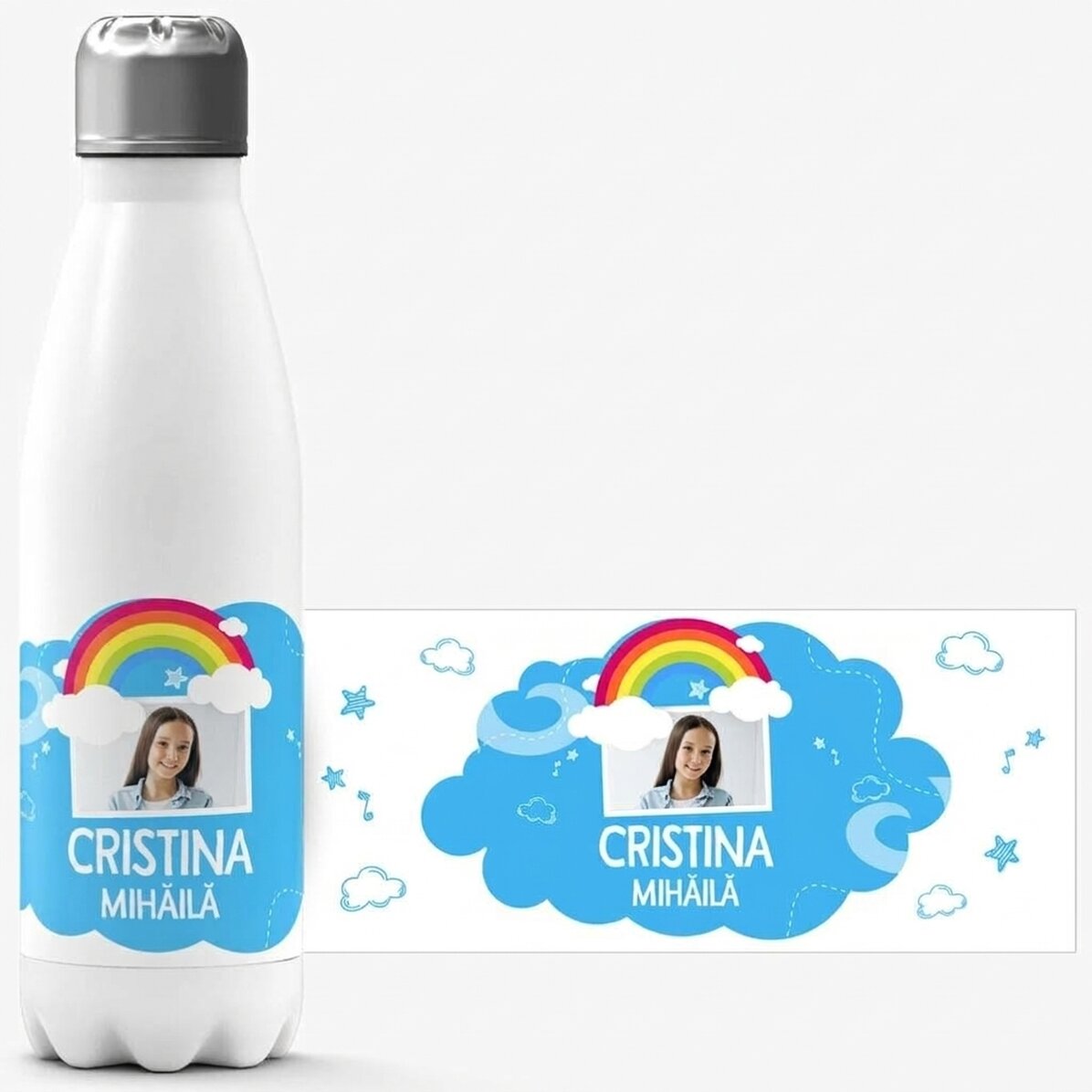 Thermos with white base personalised with a photo and name - Rainbow model