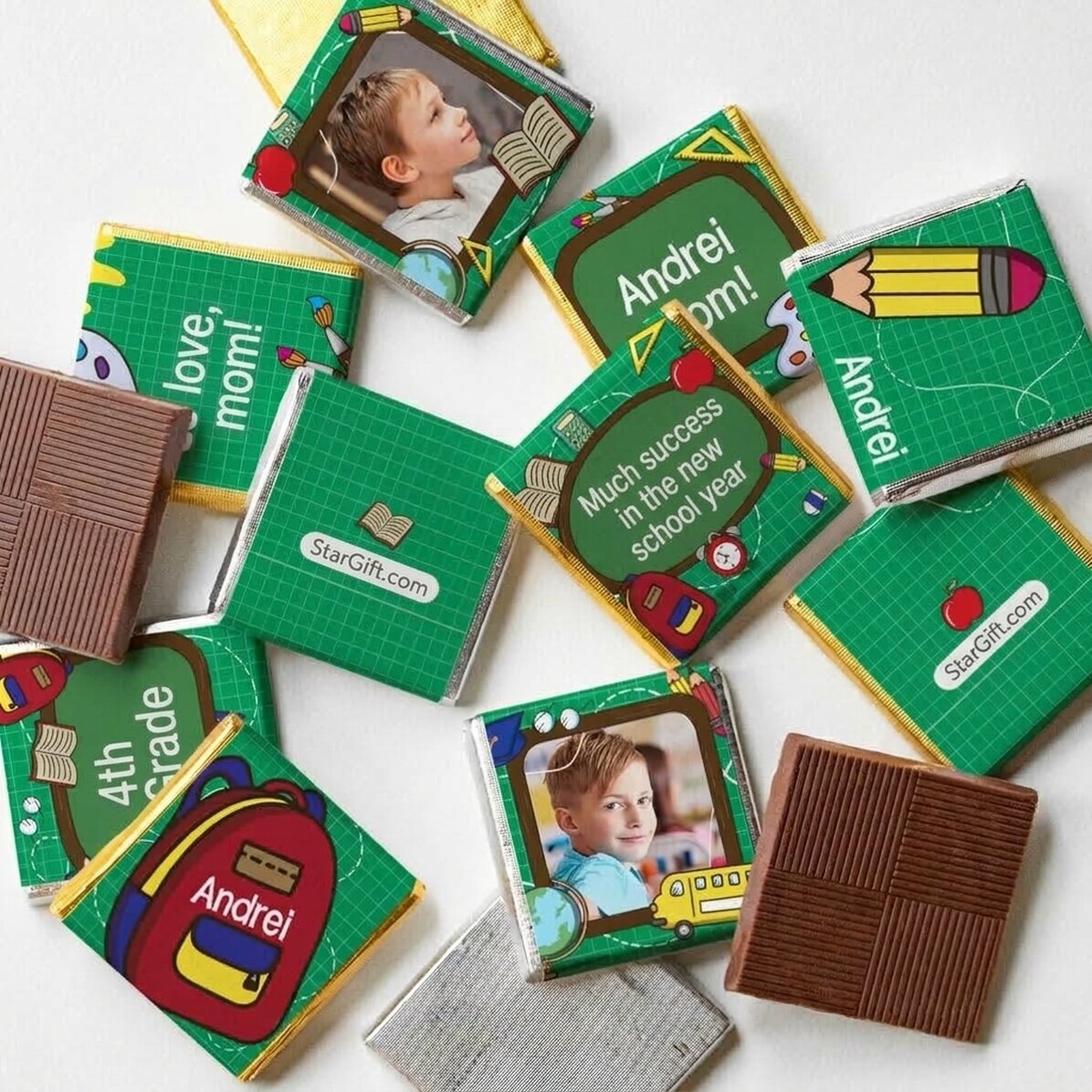 Set of 10 mini chocolates personalised with photos and text for the start of the school year