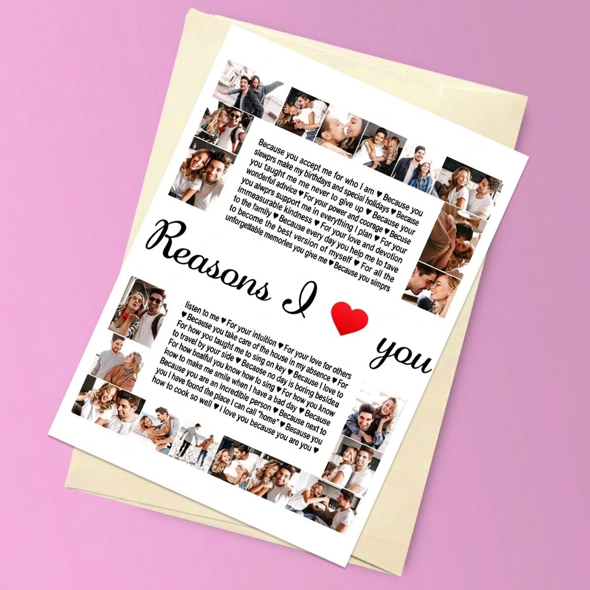 Personalised magnetic greeting card with 20 photos and text - Reasons I love You