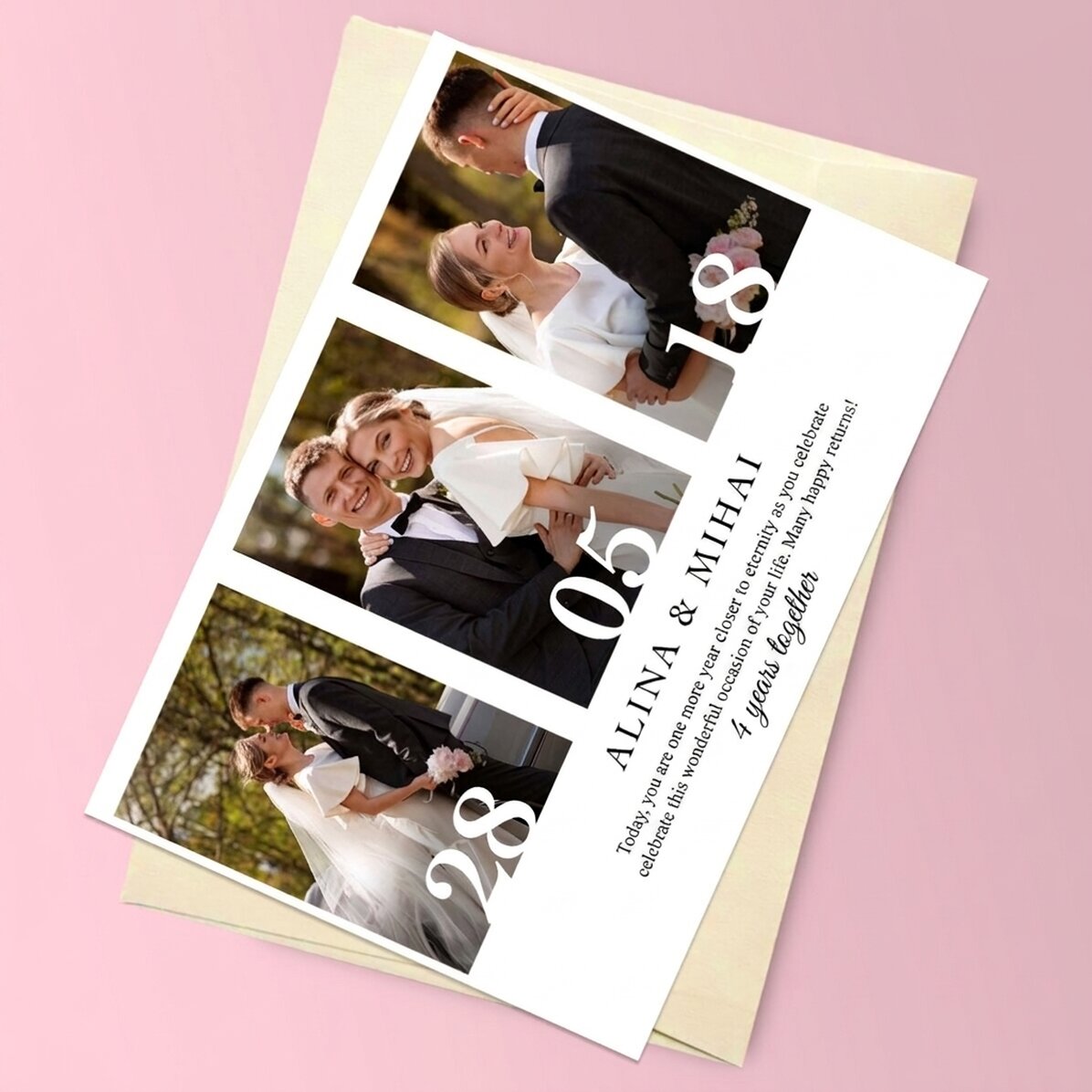 Personalised magnetic card with 3 photos and text for wedding anniversary