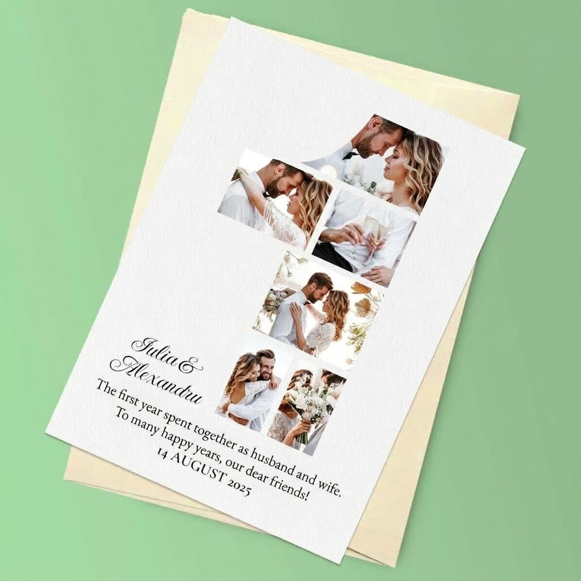 Personalised magnetic card with 6 photos and text for the first birthday