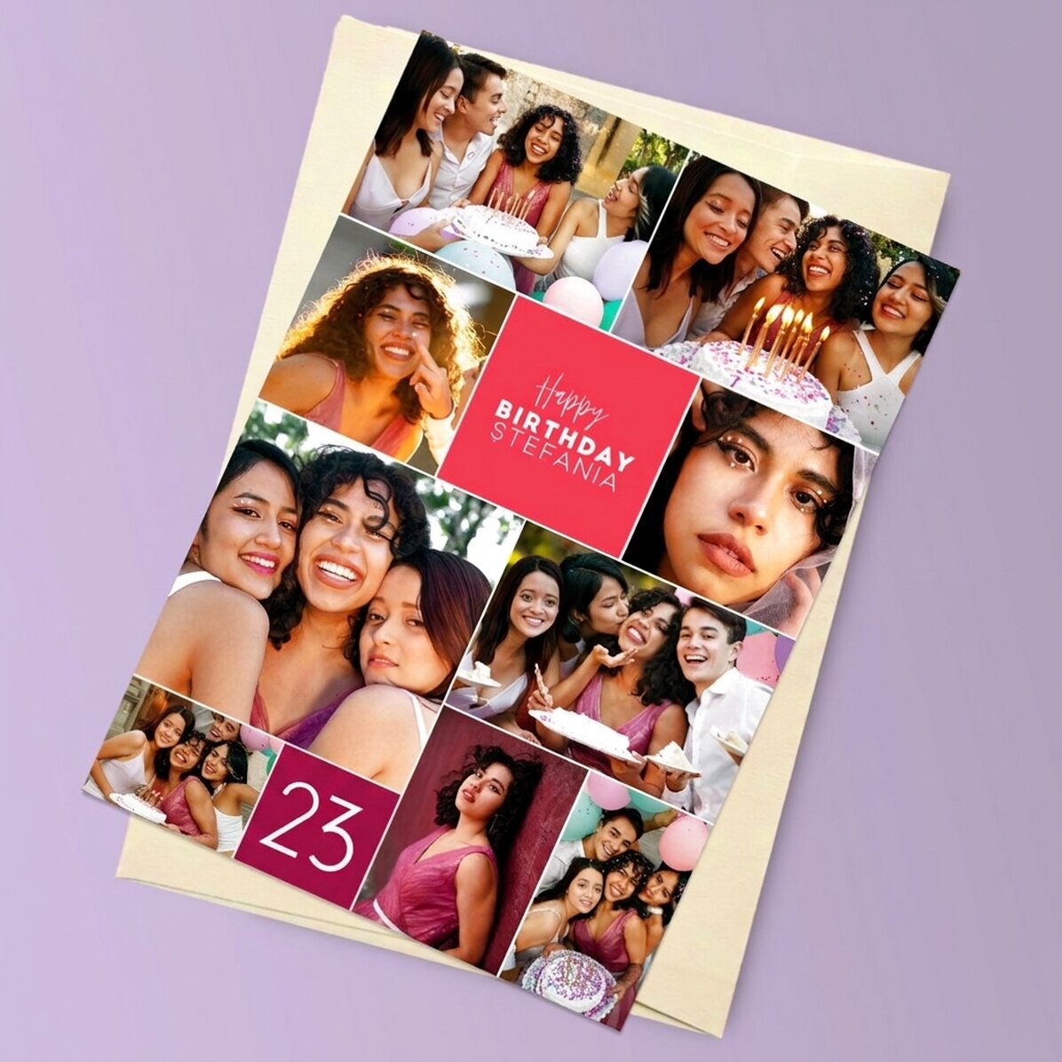 Personalised magnetic greeting card with 9 photos and text for a birthday