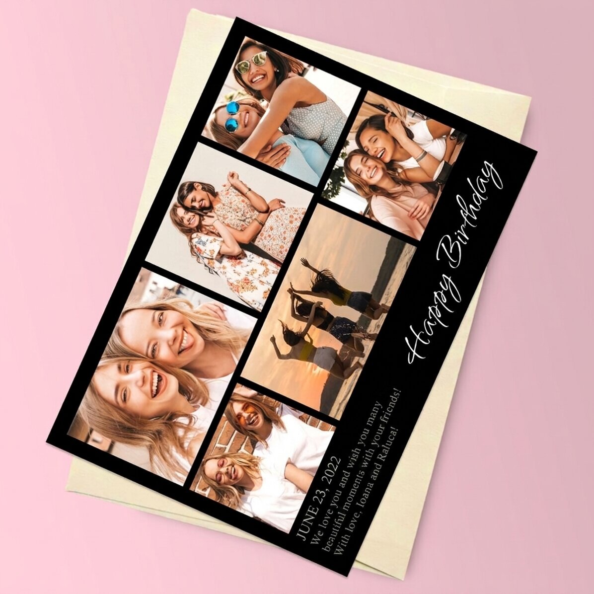 Personalised magnetic greeting card with 6 photos and coloured background