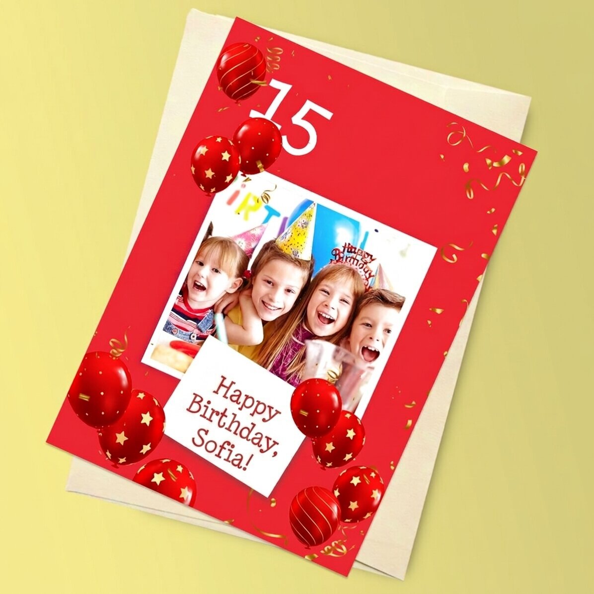 Personalised magnetic greeting card with a photo and text for a birthday