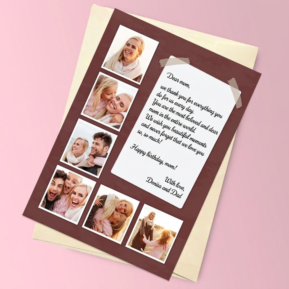 Personalised magnetic greeting card with 6 photos and long message