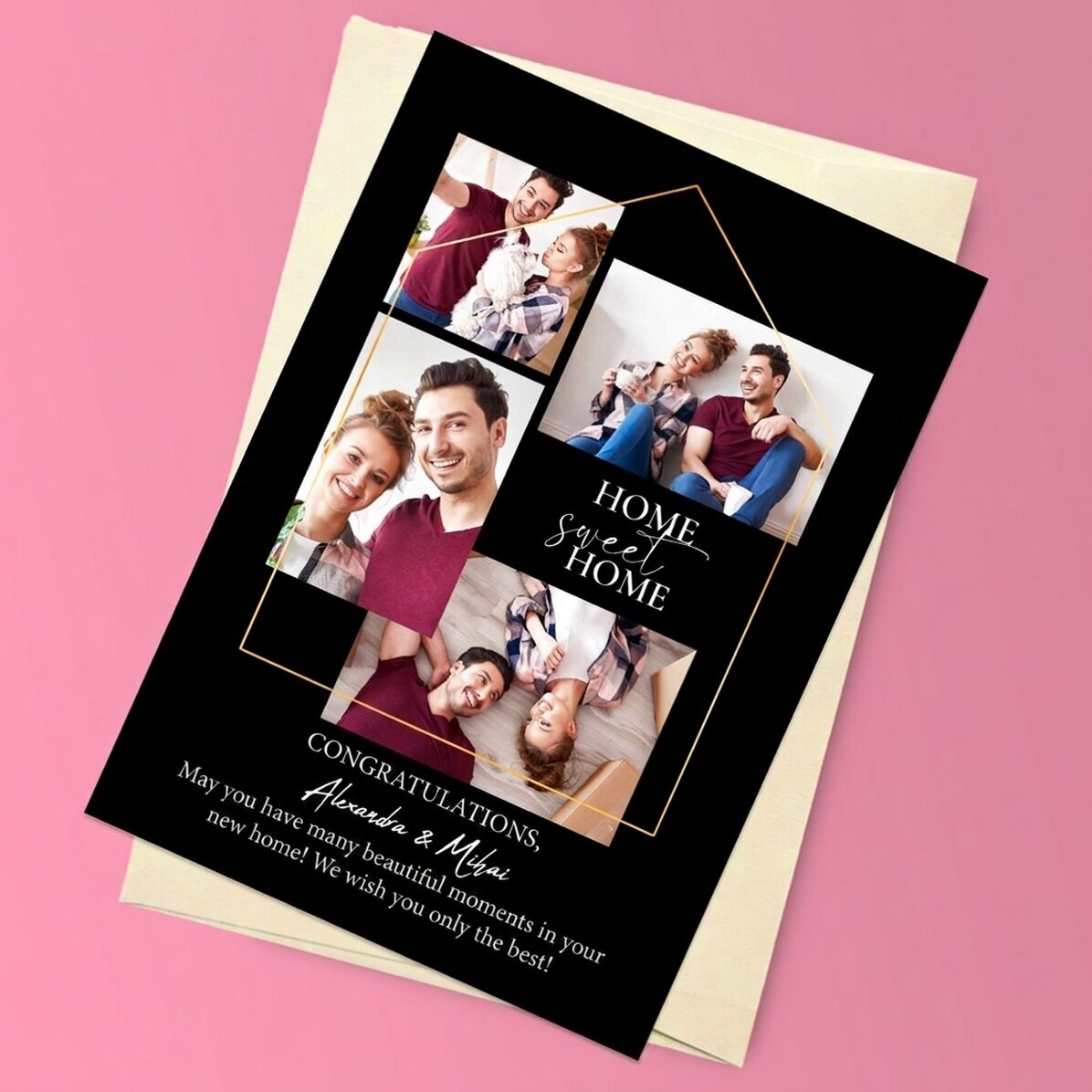 Personalised magnetic greeting card with 4 photos and text for a new home