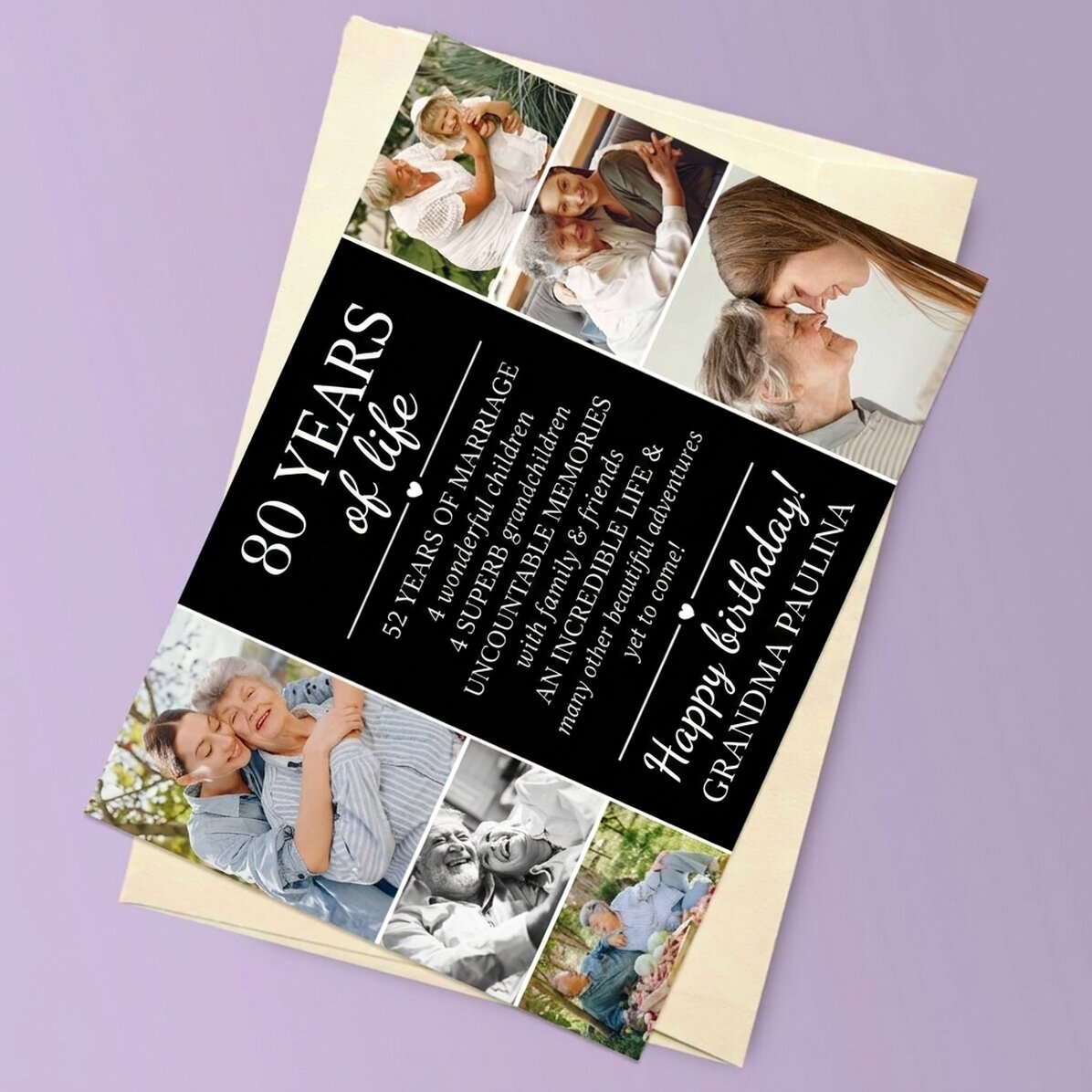 Personalised magnetic greeting card with 6 photos and text for grandma - Life