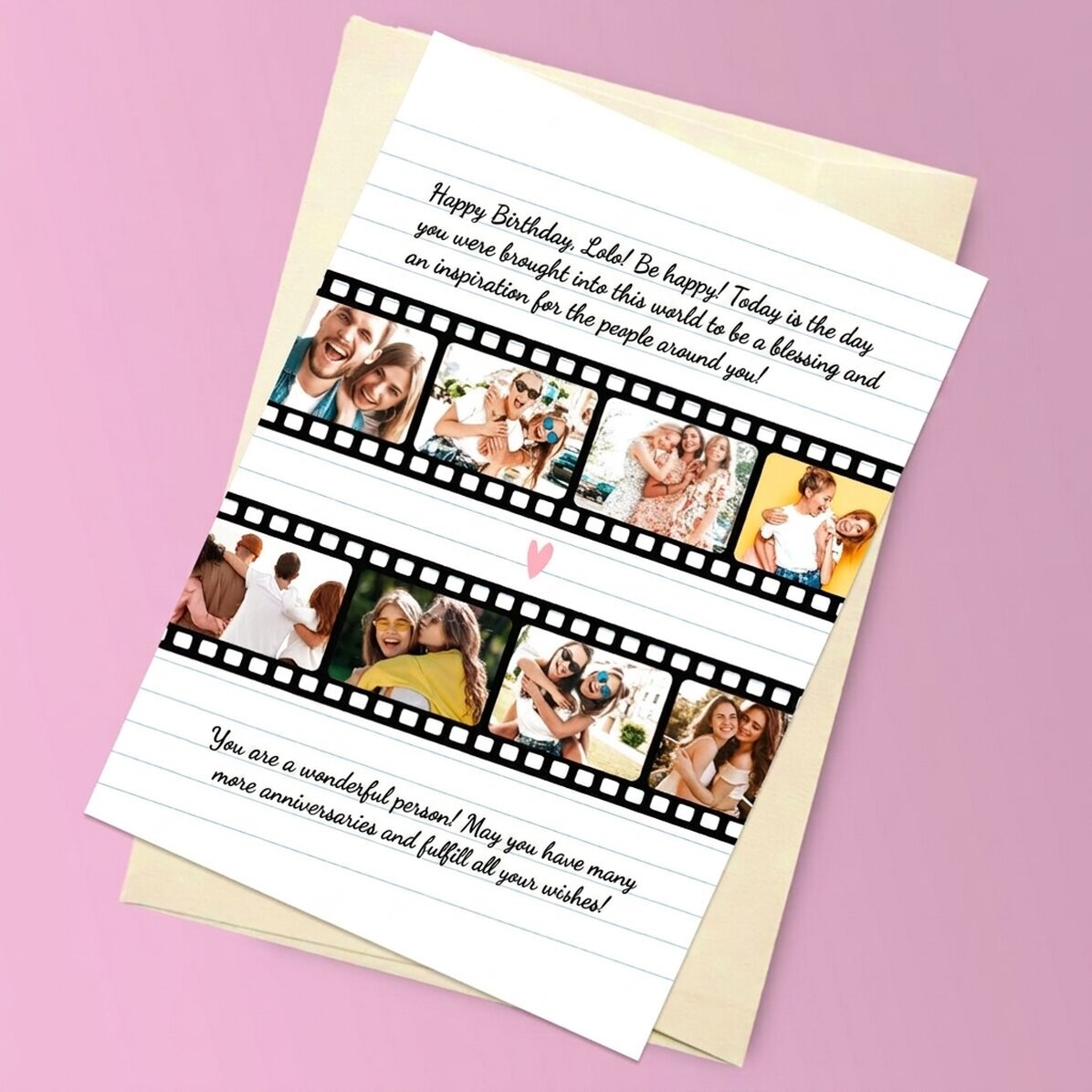 Personalised magnetic greeting card with 8 photos and text - Photos on film