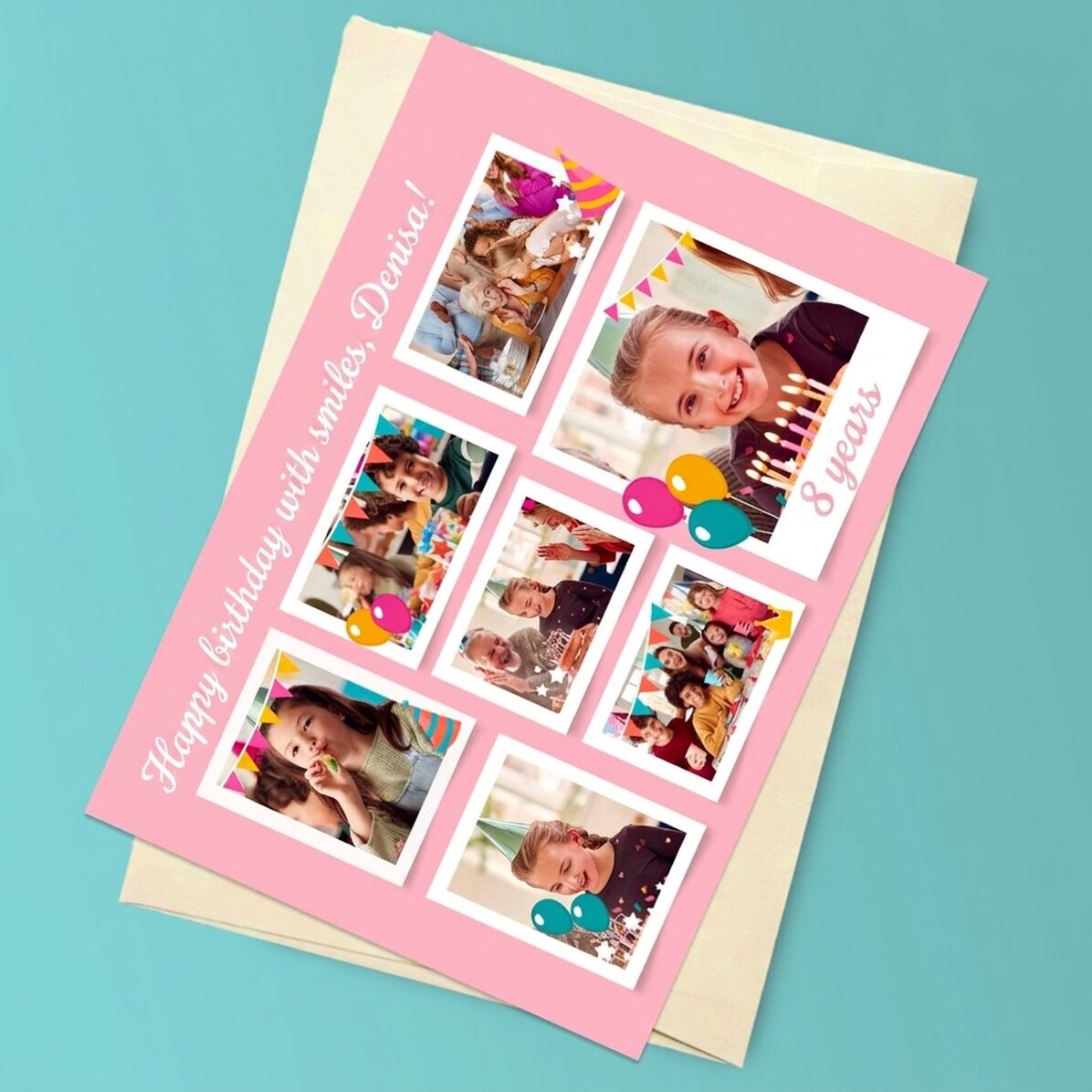 Personalised magnetic greeting card with 7 photos and message for children