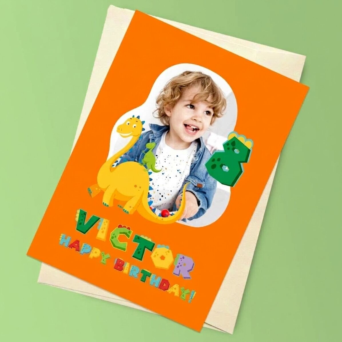 Personalised magnetic greeting card with a photo, number and text - Dinosaur