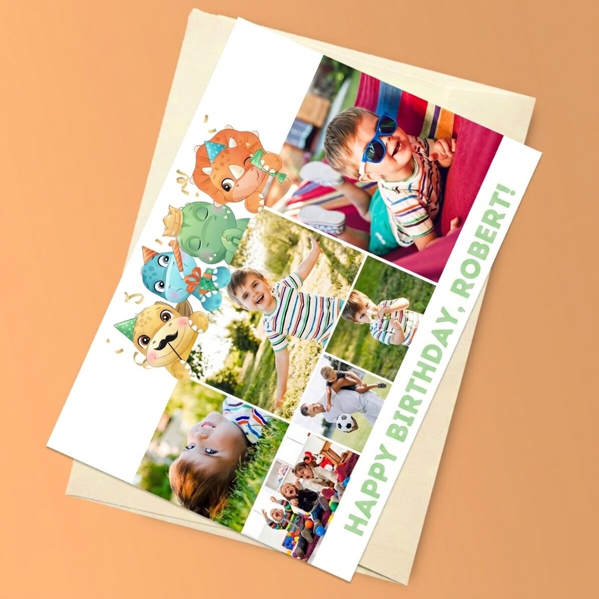 Personalised magnetic card with 6 photos and text - Dinosaurs
