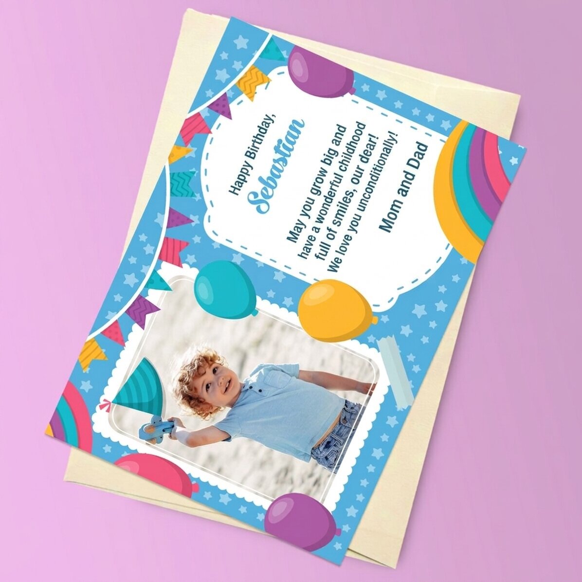 Personalised magnetic greeting card with a photo and message for children