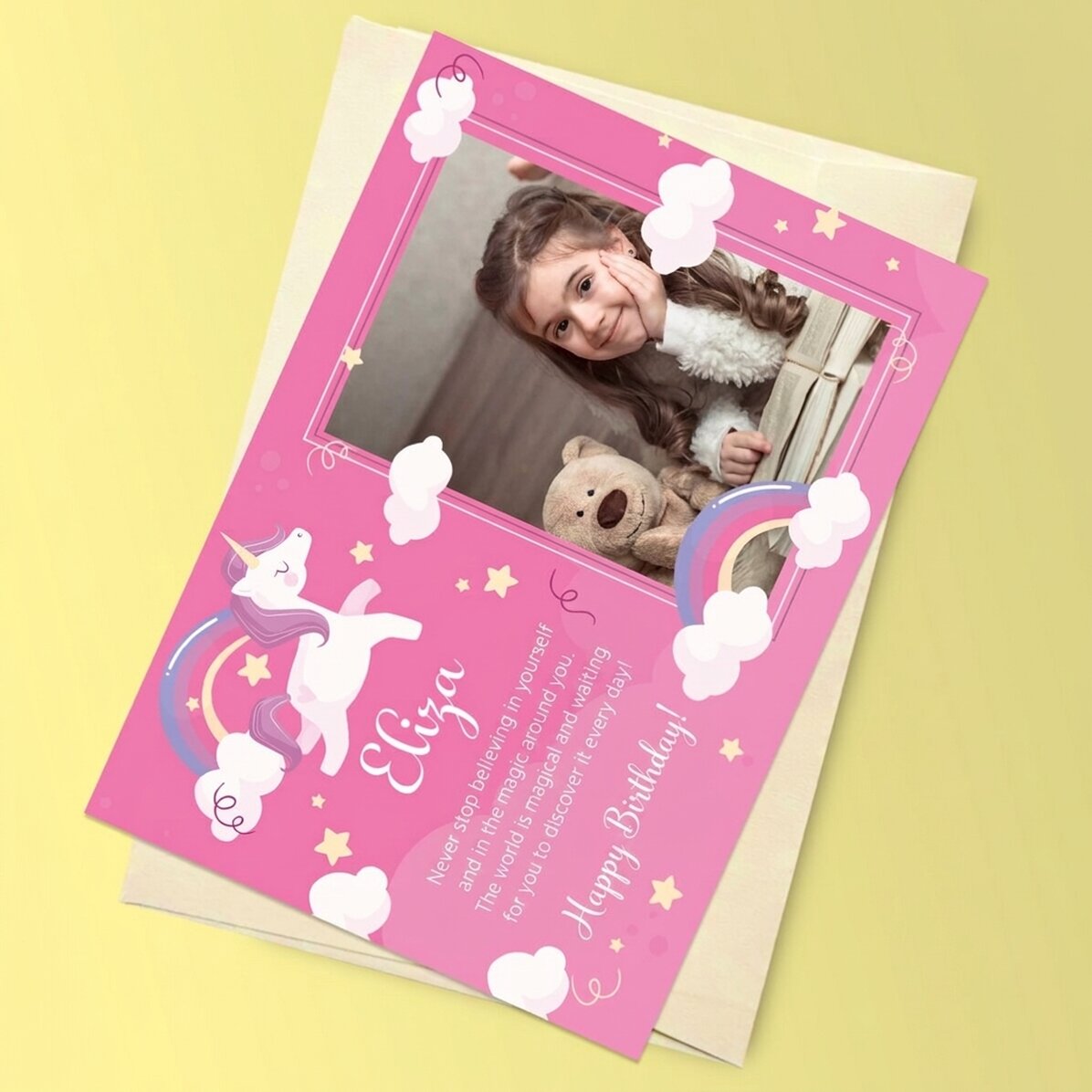 Personalised magnetic card with a photo and message for children - Unicorn