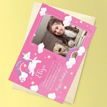 Personalised magnetic card with a photo and message for children - Unicorn