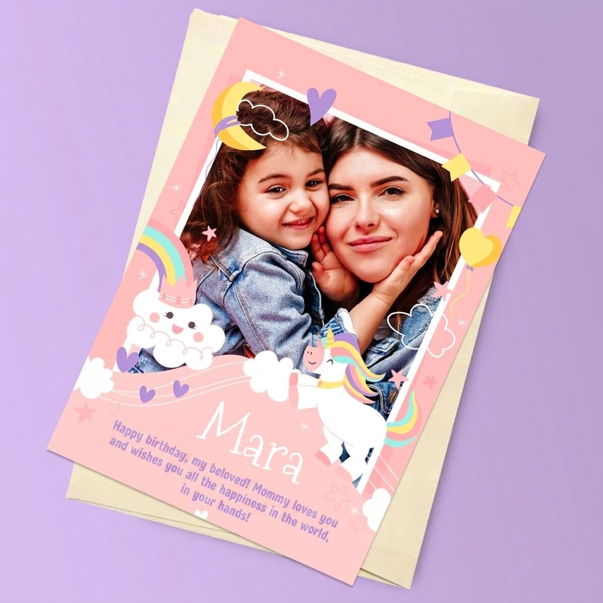 Personalised magnetic card with photo and text - Rainbows and unicorns