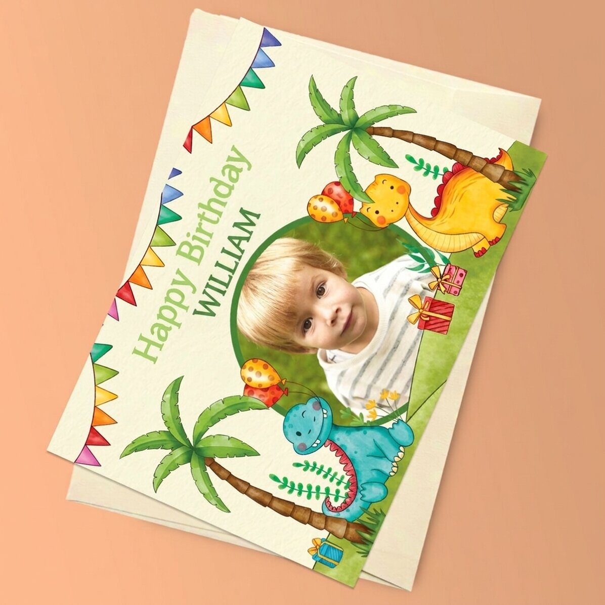 Personalised magnetic greeting card with a photo and message for children - Dinosaurs